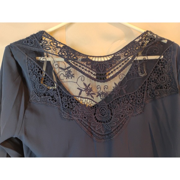 NWT Signature Studio Womens MEDIUM Navy Blue Dress Blouse Shirt Sheer Back - Picture 10 of 10